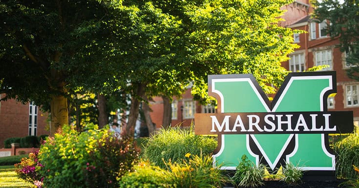 Marshall University's Old Main building in the spring