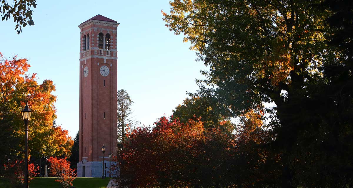 UNI Campanile on a fall evening