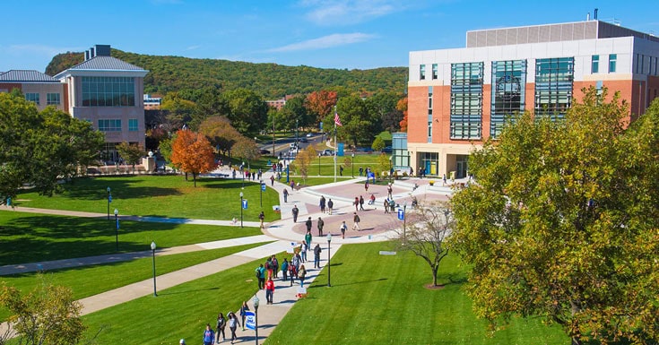 aerial view of Adanti Student Center and Buley Library at Southern Connecticut State University