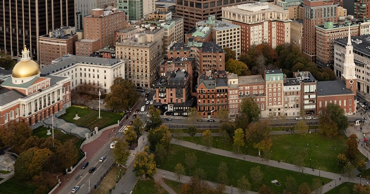 Aerial view of the Suffolk University campus