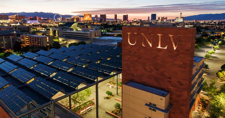 Greenspun Hall at dusk at the University of Nevada-Las Vegas