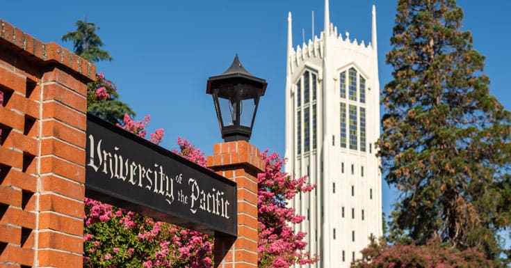 view of University of the Pacific sign and Burns Tower