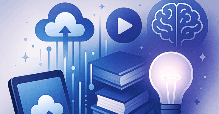 illustration of digital tools for learning like tablet, cloud, and AI