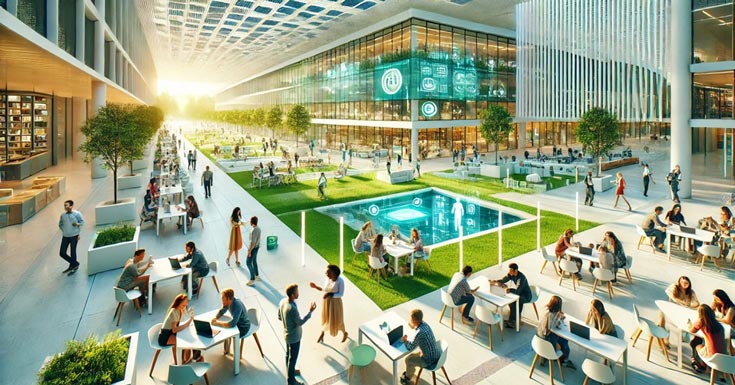 people congregating in an atrium of an office builfing
