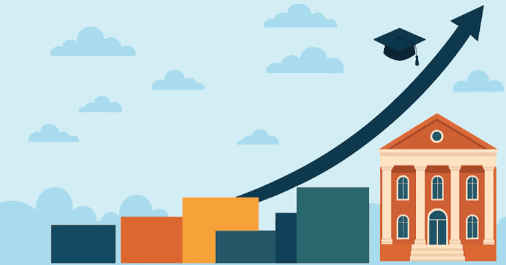 arrow rising over a bar graph and campus building