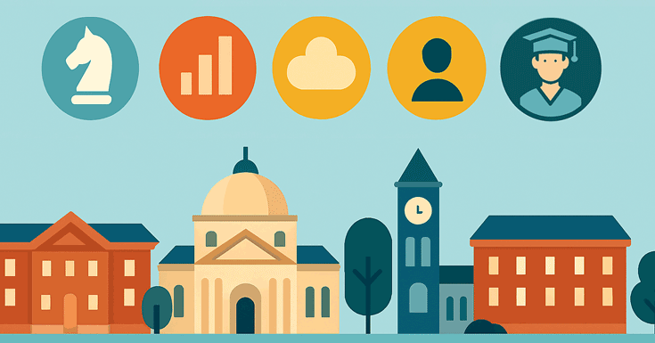 illustration of college campus with icons positioned above