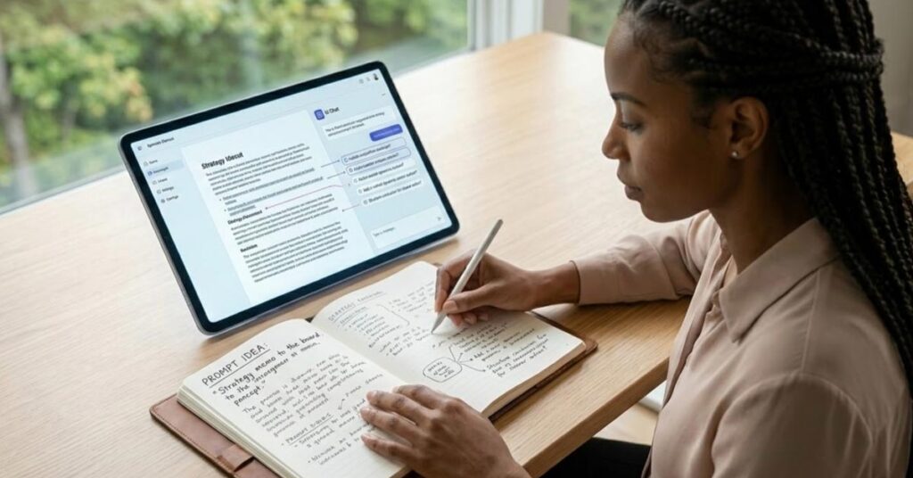 Woman at her desk writing an AI prompt in a notebook