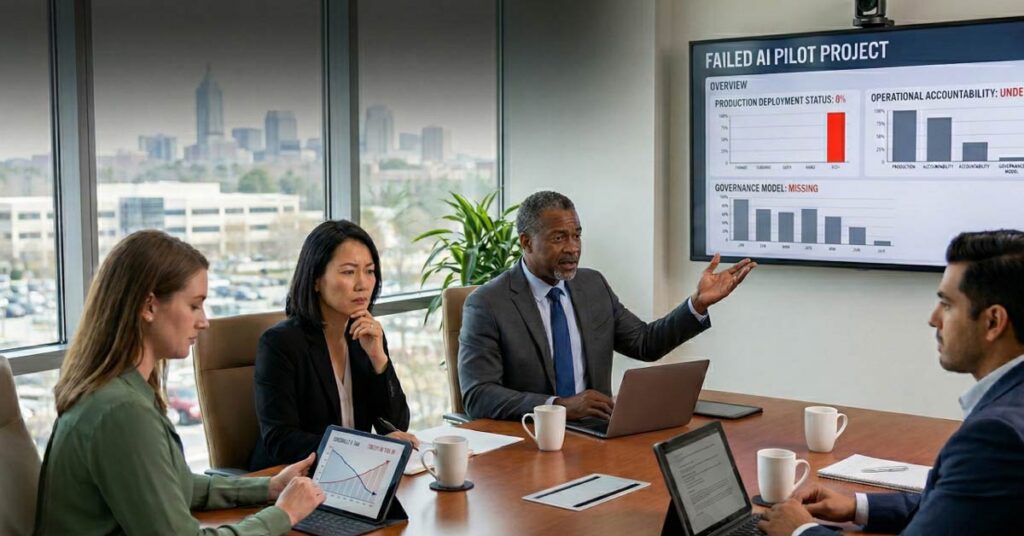 business team meeting to discuss and present presentation on failed AI pilot project
