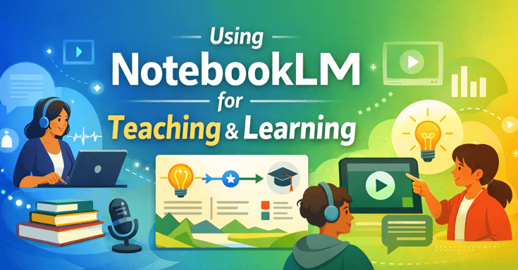 illustration of adult learner on laptop and student and teacher looking at online materials