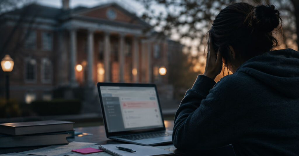College student facing laptop screen with campus building in the background