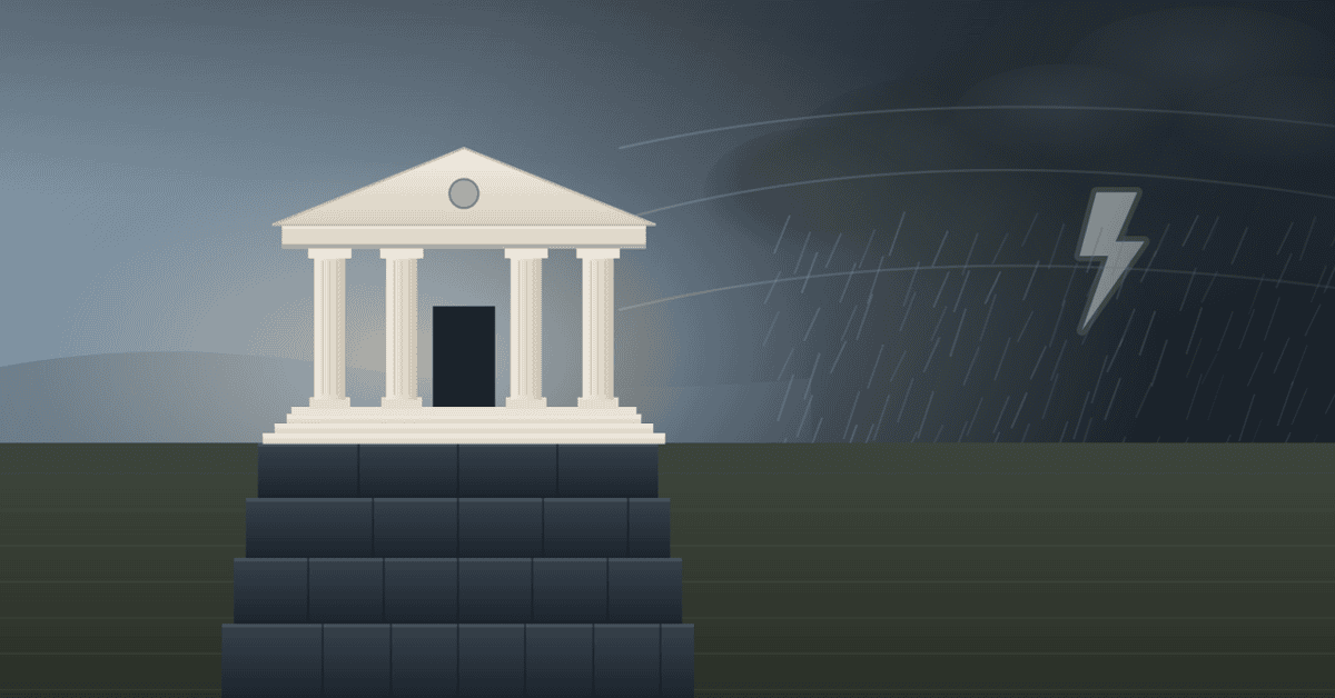 gloomy thunderstorm hovering over a college campus