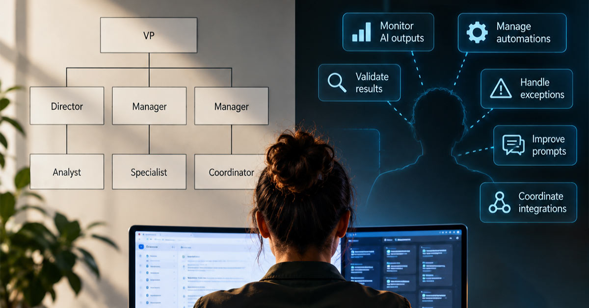 Woman looks a computer monitors. On her office wall, display an org chart and shadow org chart.