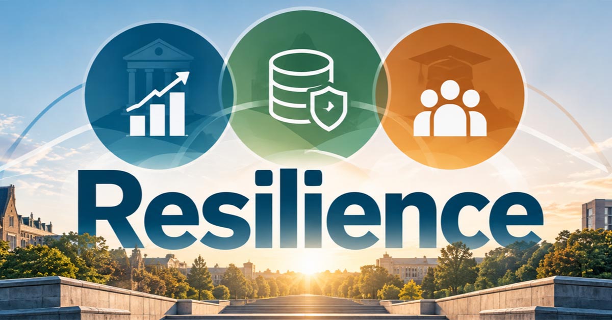 Graphic featuring the word “Resilience” over a sunlit university campus with icons representing growth, data security, and collaboration.